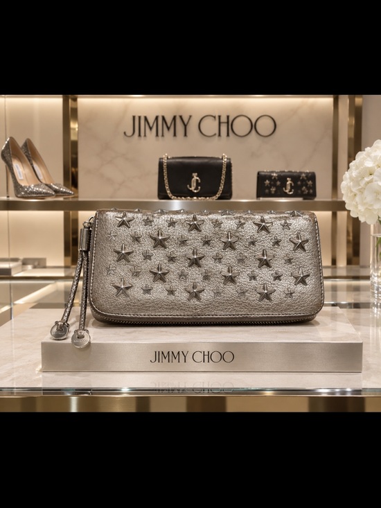 Jimmy Choo Accessories - Jimmy Choo Filipa Metallic Silver Star-Studded Zip-Around Continental Wallet